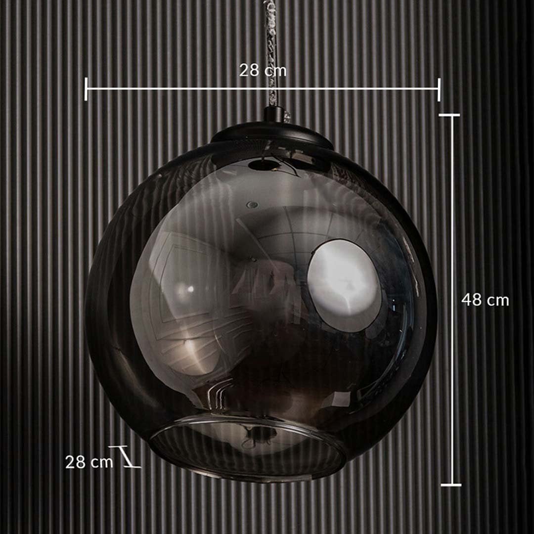 Smoked black glass pendant light shown with 28 cm width 28 cm depth and 48 cm height against a textured wall for clear accurate size reference.