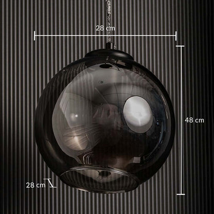 Smoked black glass pendant light shown with 28 cm width 28 cm depth and 48 cm height against a textured wall for clear accurate size reference.