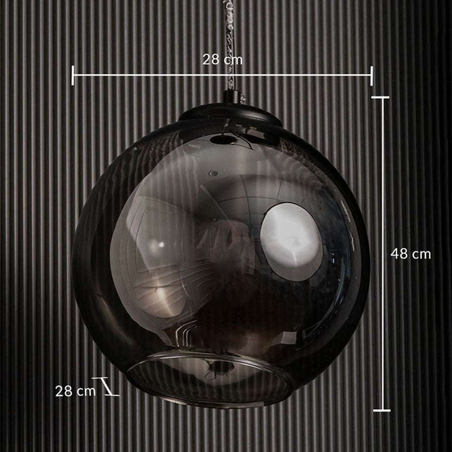 Smoked black glass pendant light shown with 28 cm width 28 cm depth and 48 cm height against a textured wall for clear accurate size reference.