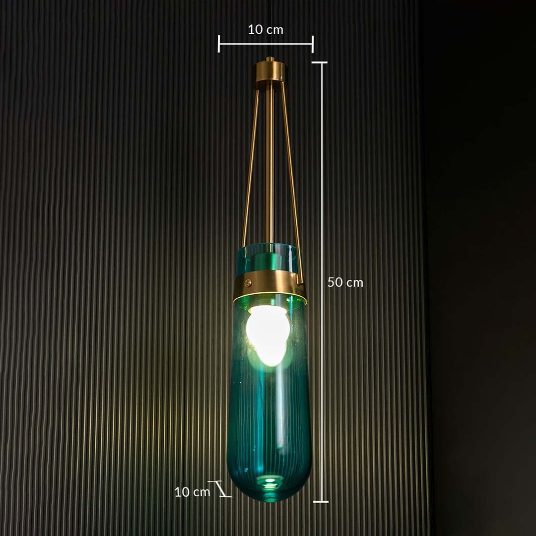 Blue glass pendant light with all measurements showing 50 cm height 10 cm width and 10 cm lower diameter displayed clearly with gold detailing on a black background.