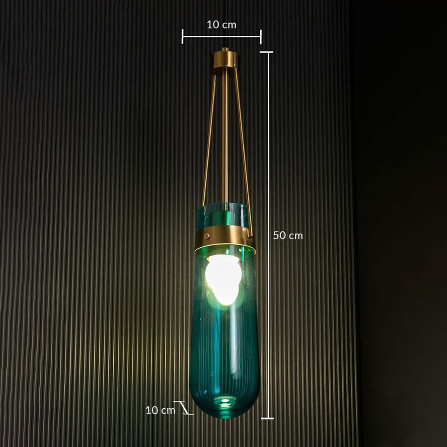 Blue glass pendant light with all measurements showing 50 cm height 10 cm width and 10 cm lower diameter displayed clearly with gold detailing on a black background.