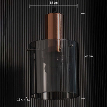 A copper and smoky glass pendant light with clear dimensions measuring 28 cm height and 15 cm width and 15 cm depth to guide correct placement.