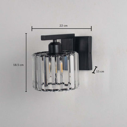 Wall light with clear crystal shade measuring 22 cm width 18.5 cm height and 15 cm depth displayed clearly with dimension markings.