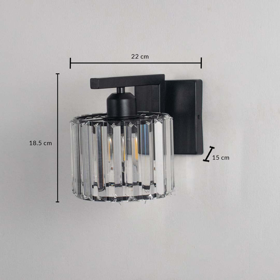 Wall light with clear crystal shade measuring 22 cm width 18.5 cm height and 15 cm depth displayed clearly with dimension markings.