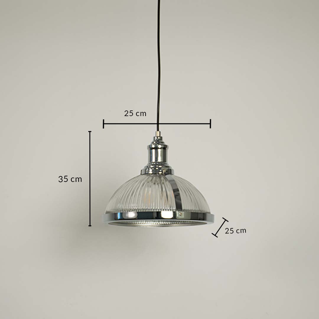 Dimension image of clear ribbed glass pendant light with chrome finish measuring 35 cm height and 25 cm width.