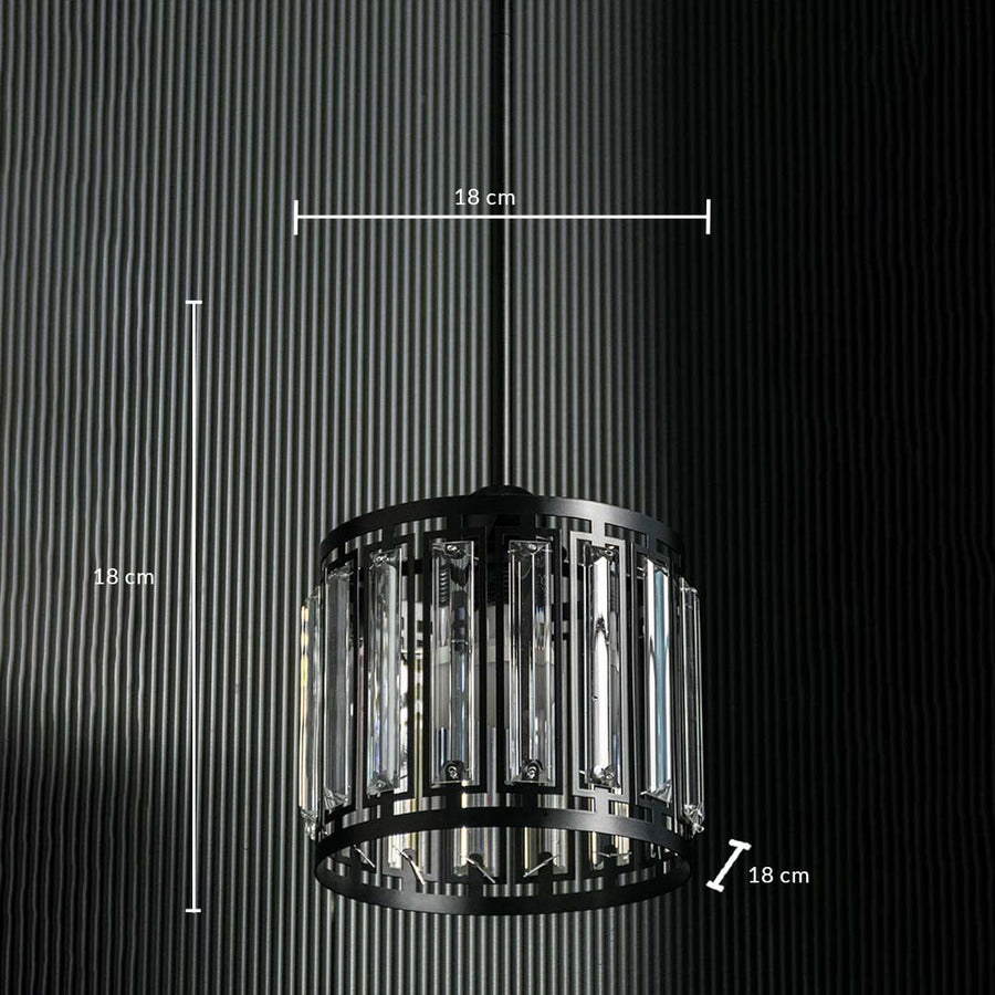 Dimension image of black metal and crystal pendant light measuring 40 cm height 35 cm width and 13 cm depth.
