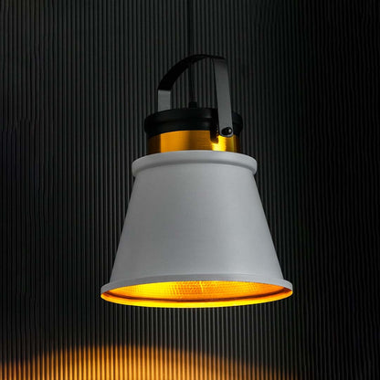 Modern Style Conical Shape Metal Hanging Lamp Light On Black Background