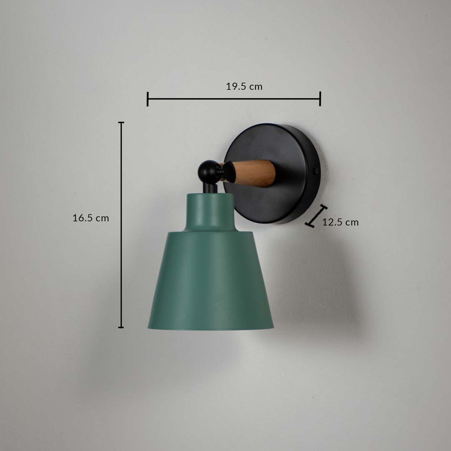 Green metal wall light with black base on white background with dimensions modern angled shade ideal for bedside and study lighting decor.