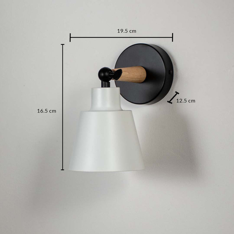 White metal wall light with black and gold mount on neutral background with dimensions modern cone shade ideal for bedroom bedside lighting.