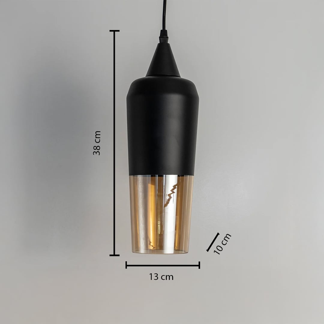 Modern pendant light measuring 38 cm in height and 13 cm in widest width featuring a black and amber design on a white background.