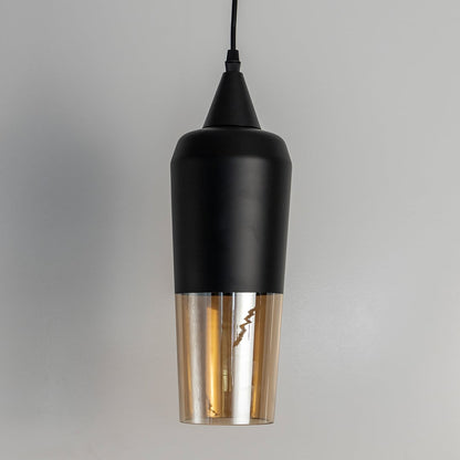 Modern black and amber glass pendant light turned off hanging against a plain white background showing the sleek design details.