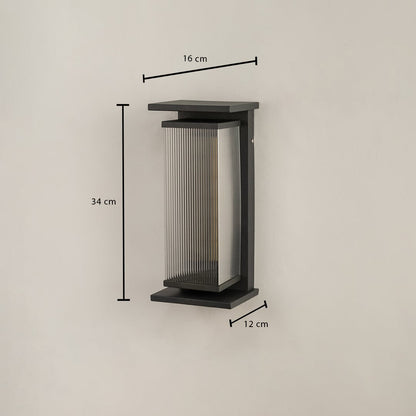 Dimension image of modern rectangular wall light showing height 34 cm width 16 cm and depth 12 cm from the wall.