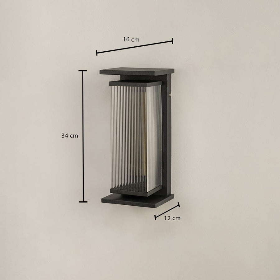 Dimension image of modern rectangular wall light showing height 34 cm width 16 cm and depth 12 cm from the wall.