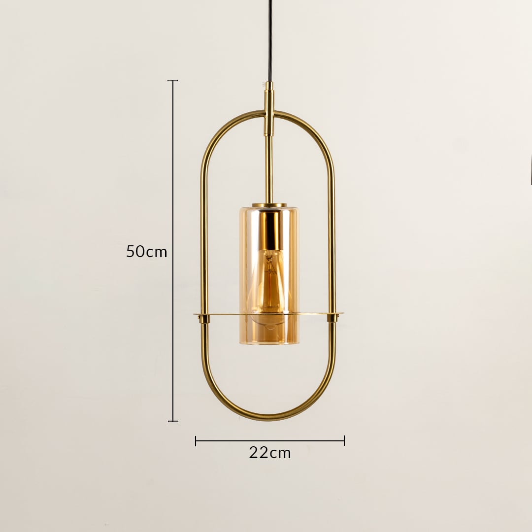 Gold metal frame pendant light dimension image with 22 cm width and 50 cm height for luxury bedside placement.