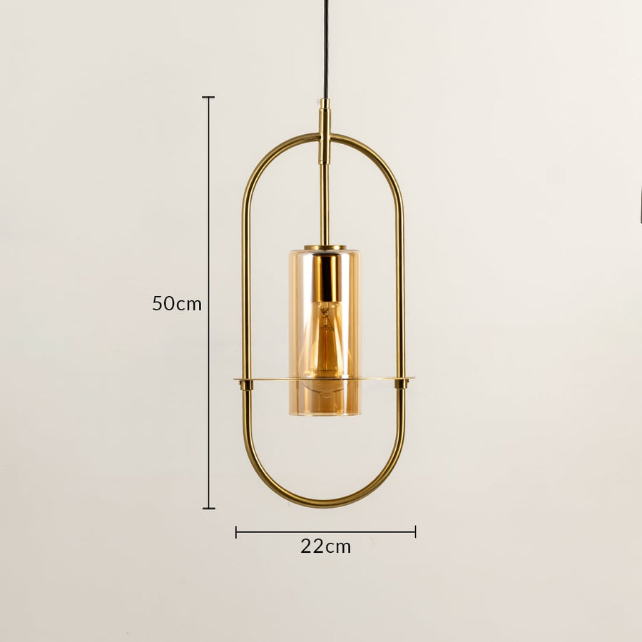 Gold metal frame pendant light dimension image with 22 cm width and 50 cm height for luxury bedside placement.