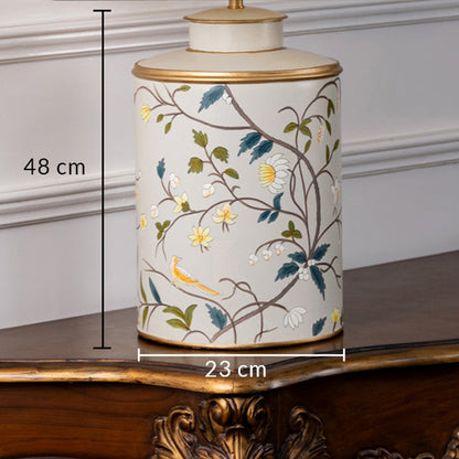 Dimensions image shows ceramic table lamp measuring 48 cm height and 23 cm width suitable for bedside console or living room table placement.