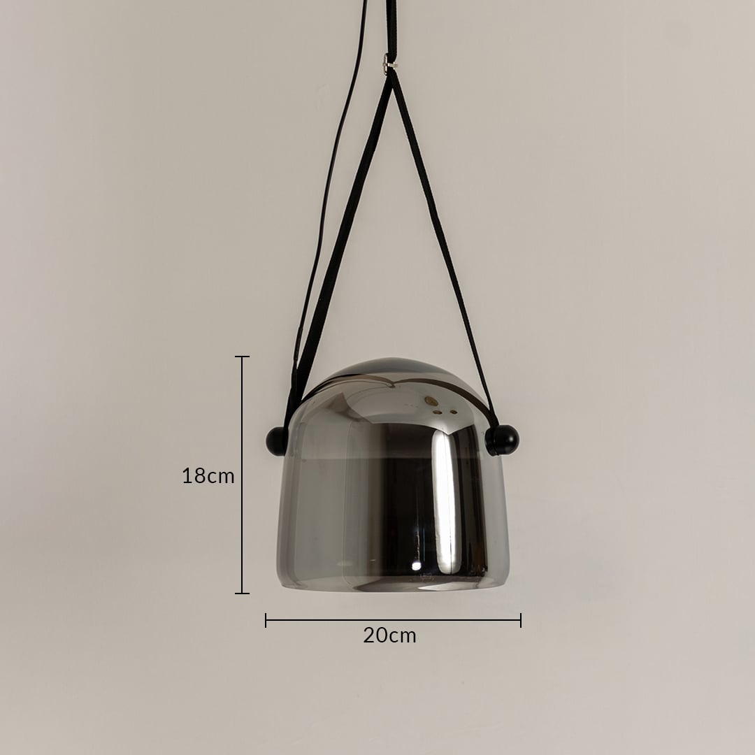 Modern glass pendant light with black strap suspension showing 18 cm height and 20 cm width ideal for dining kitchen modern interior lighting decor.