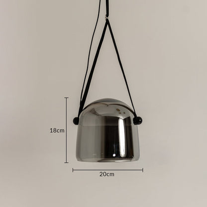 Modern glass pendant light with black strap suspension showing 18 cm height and 20 cm width ideal for dining kitchen modern interior lighting decor.