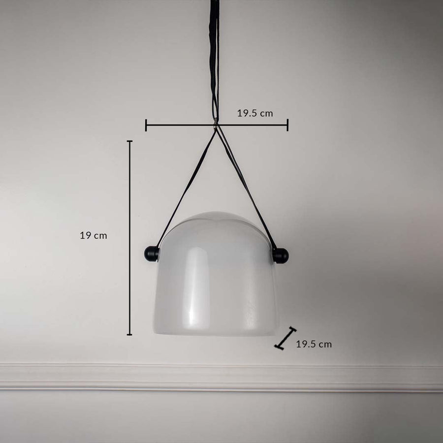 Frosted white glass pendant lamp with black strap showing size 19cm height and 19.5cm width for accurate fitting.