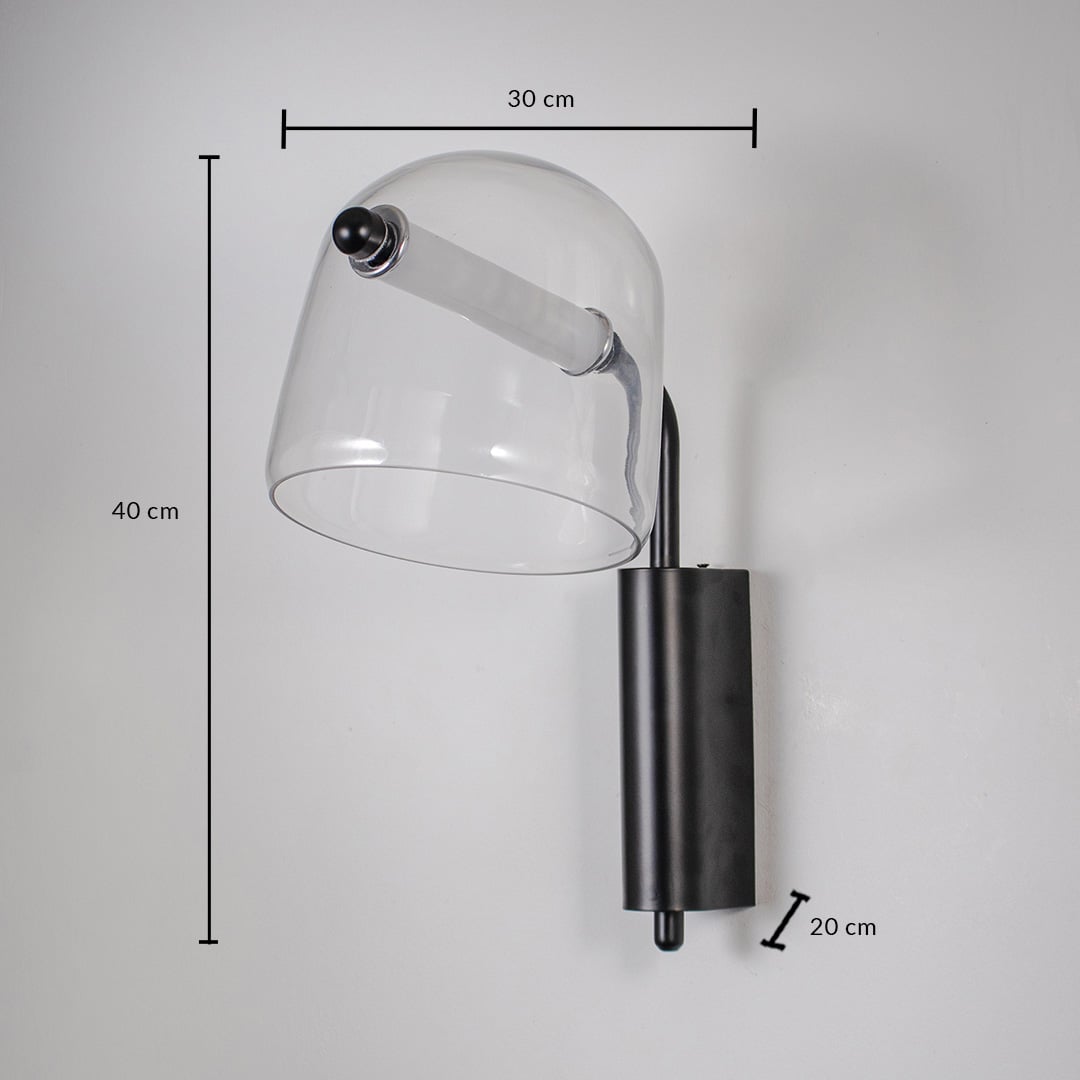 Clear glass wall lamp with black metal base dimension 40 cm height 30 cm width 20 cm depth ideal for living room lighting.