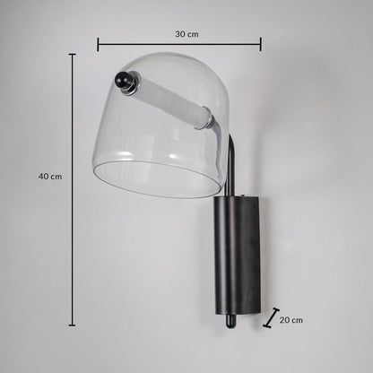 Clear glass wall lamp with black metal base dimension 40 cm height 30 cm width 20 cm depth ideal for living room lighting.