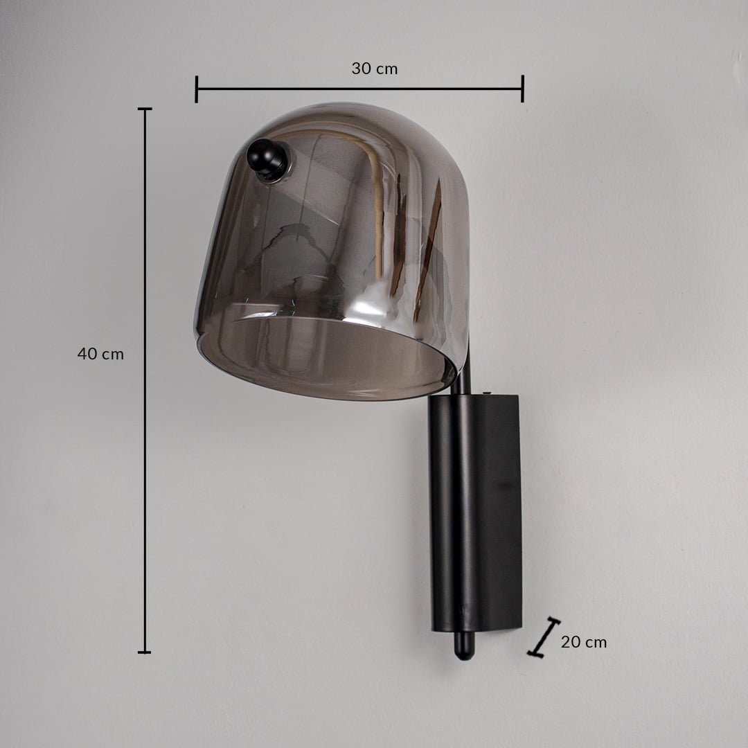 Smoked glass wall lamp with black metal base dimension 40 cm height 30 cm width 20 cm depth for bedroom and living room.