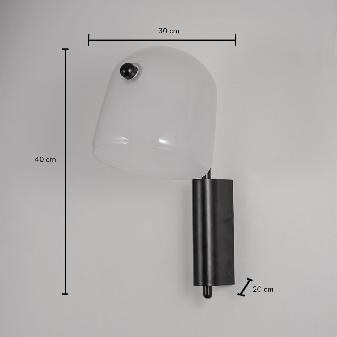 Frosted white glass wall lamp with black metal base dimension 40 cm height 30 cm width 20 cm depth for living room decor.