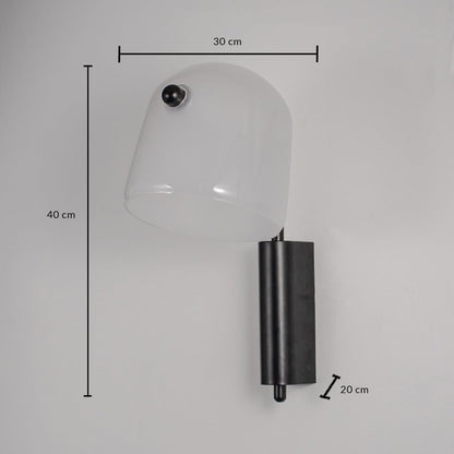 Frosted white glass wall lamp with black metal base dimension 40 cm height 30 cm width 20 cm depth for living room decor.