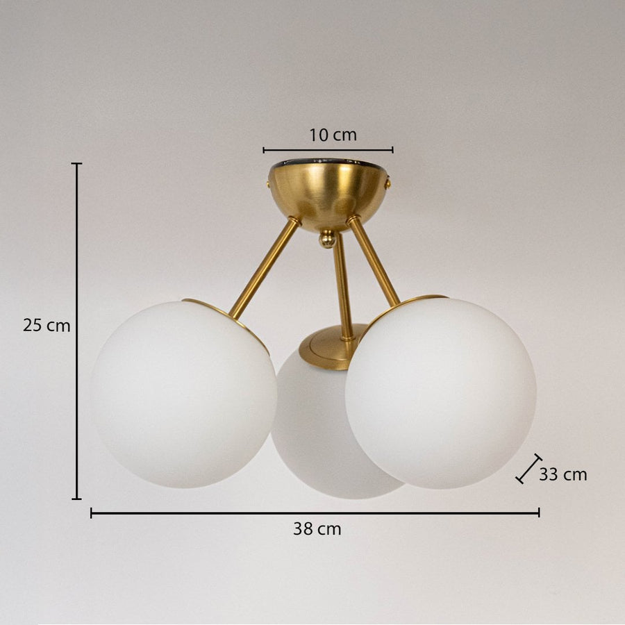 Gold ceiling light with frosted glass globes shown with dimensions 38cm width and 25cm height for modern ceiling decor.