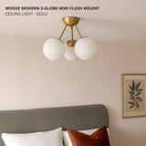 Moose Modern 3-Globe Semi Flush Mount Ceiling Light - Gold