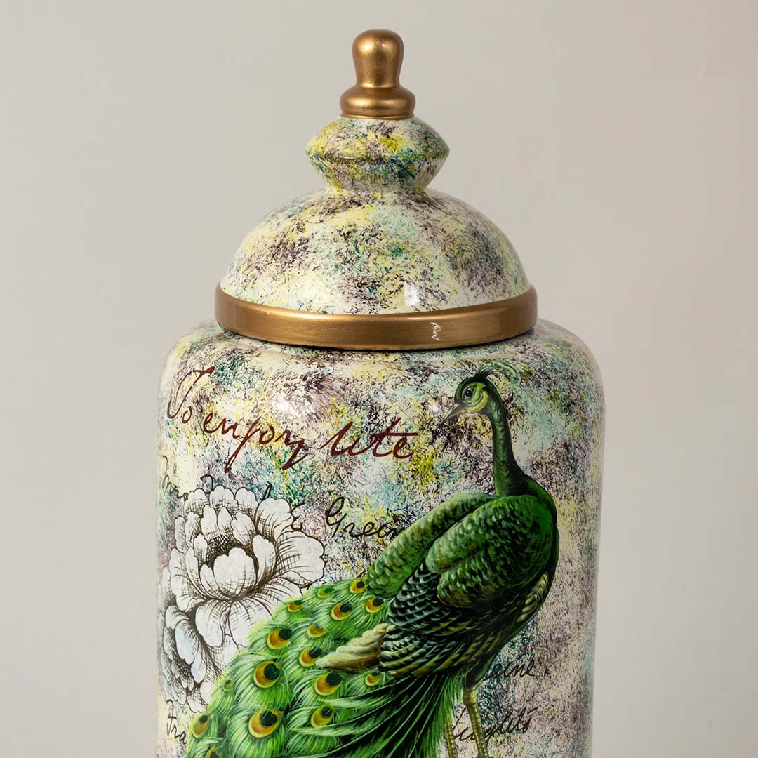 Closeup view highlighting the intricate hand-painted peacock feathers and artistic floral detailing on the decorative ceramic jar.