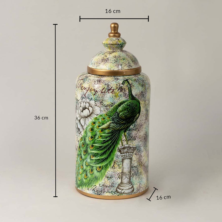 Ceramic jar with peacock artwork and gold accents showing 36 cm height and 16 cm width perfect for table décor styling.