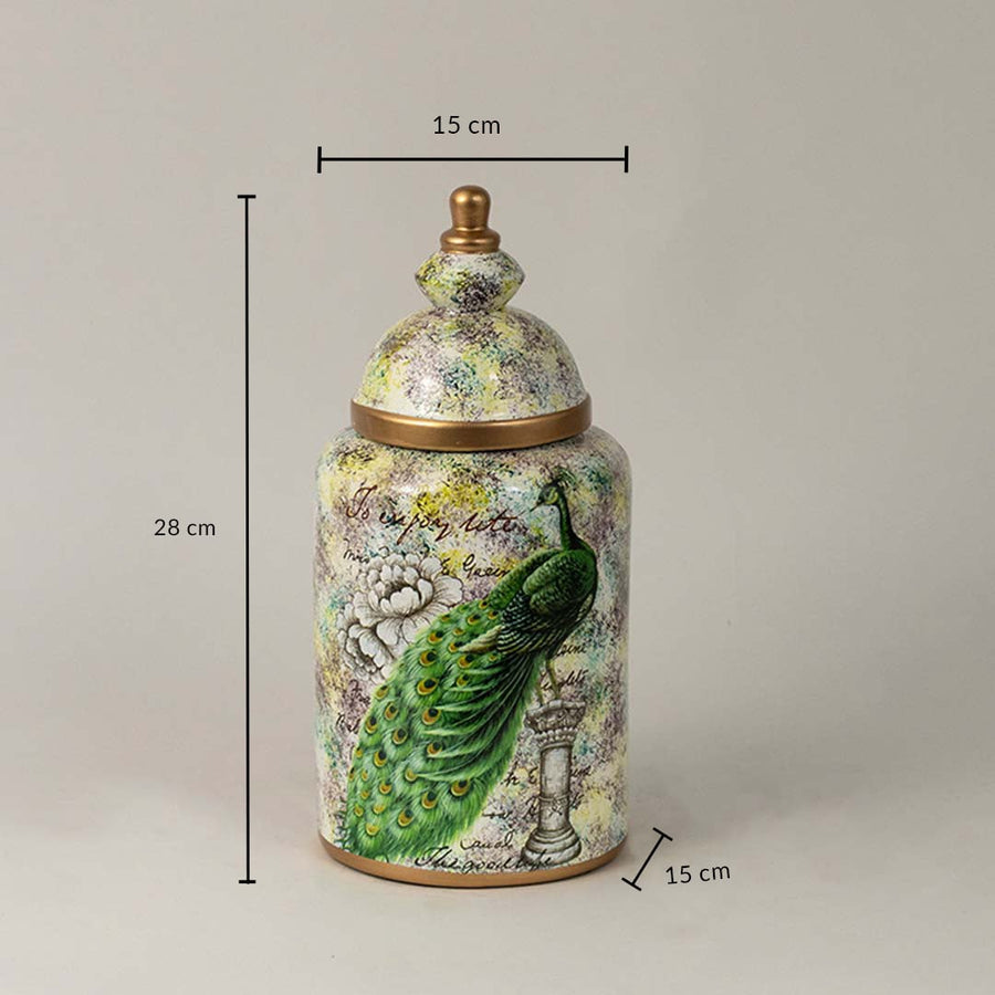 Peacock-printed ceramic jar with gold detailing showing 28 cm height and 15 cm width ideal for living room or hallway décor.