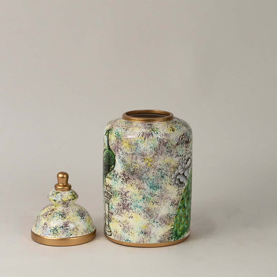 Detailed closeup of ceramic jar showcasing intricate peacock feathers and floral background artistry with glossy golden rim.