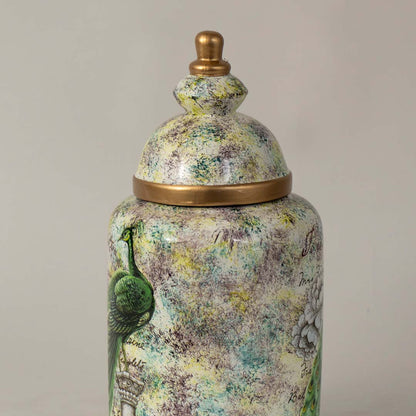 Closeup view of peacock jar highlighting fine feather detailing and gold rim accent for a luxurious decorative look.