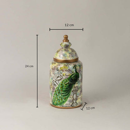 Peacock-printed ceramic jar with golden accents showing 24 cm height and 12 cm width designed for elegant tabletops.
