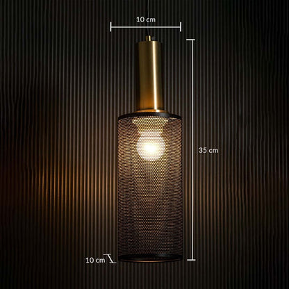 Gold brass pendant light 35cm height 10cm diameter with mesh shade dimension image showing modern industrial hanging fixture.