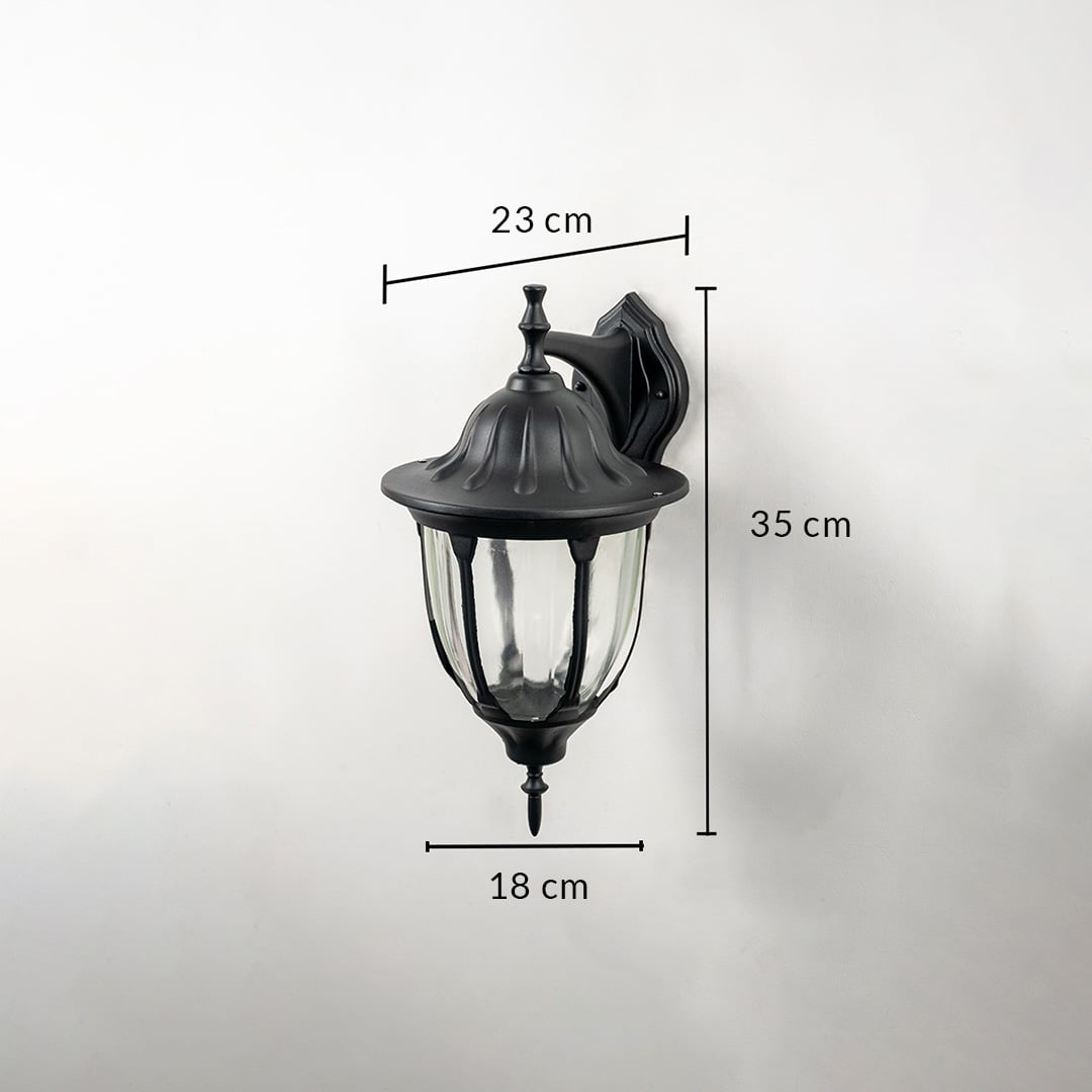 Black metal outdoor wall light dimension image with 35 cm height and ribbed glass shade for patio decor.