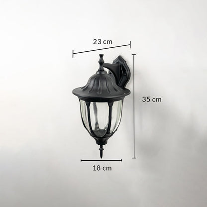 Black metal outdoor wall light dimension image with 35 cm height and ribbed glass shade for patio decor.