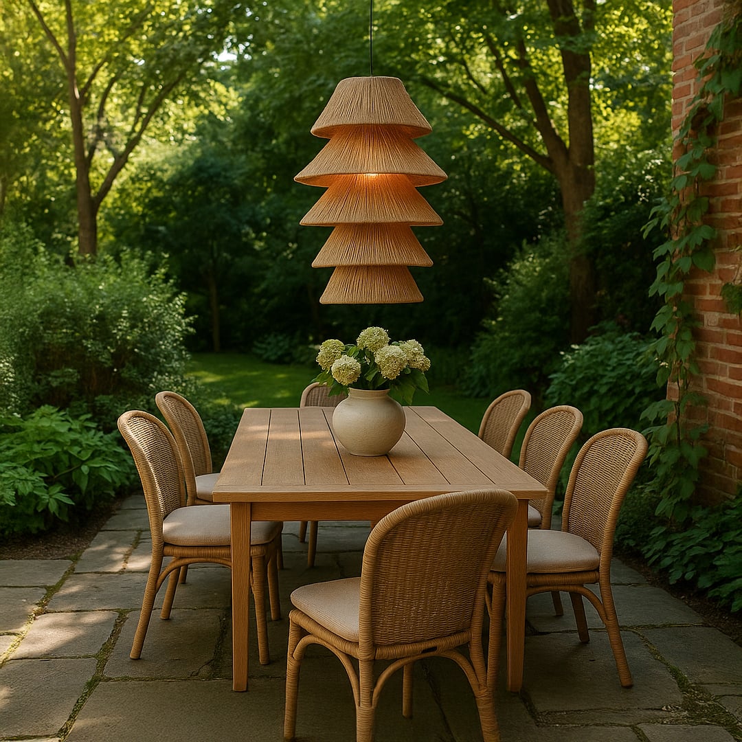 Natural jute pendant light above outdoor dining table adding warm coastal charm and artisan style to garden decor.