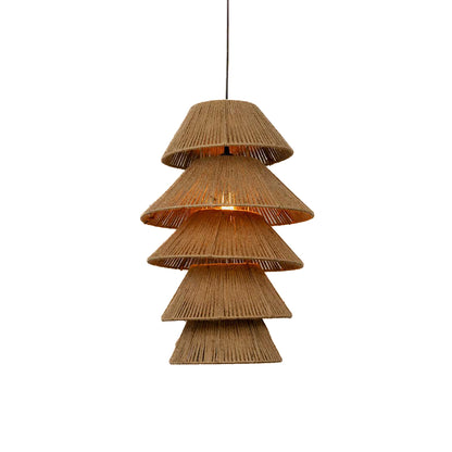 Natural jute pendant light shade with layered tiered design and handcrafted texture for coastal ceiling lighting decor.