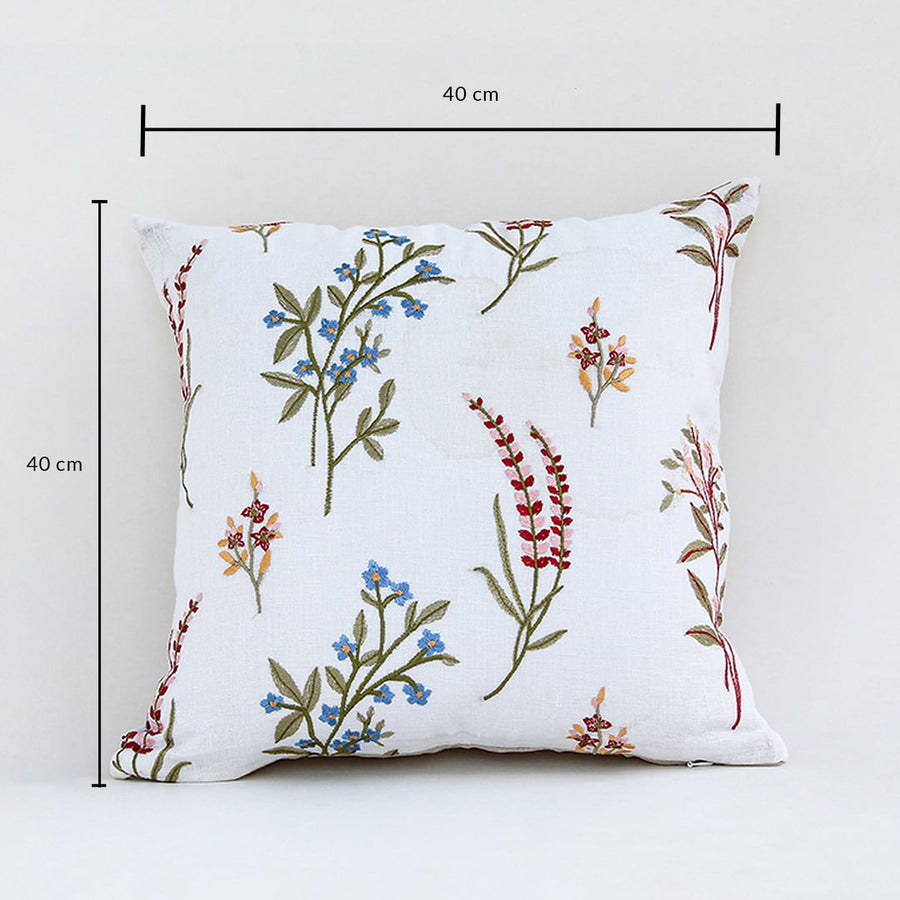 Floral embroidered cotton cushion measured at 40 cm by 40 cm displayed on a white background showing its square shape and detailed stitched botanical design.