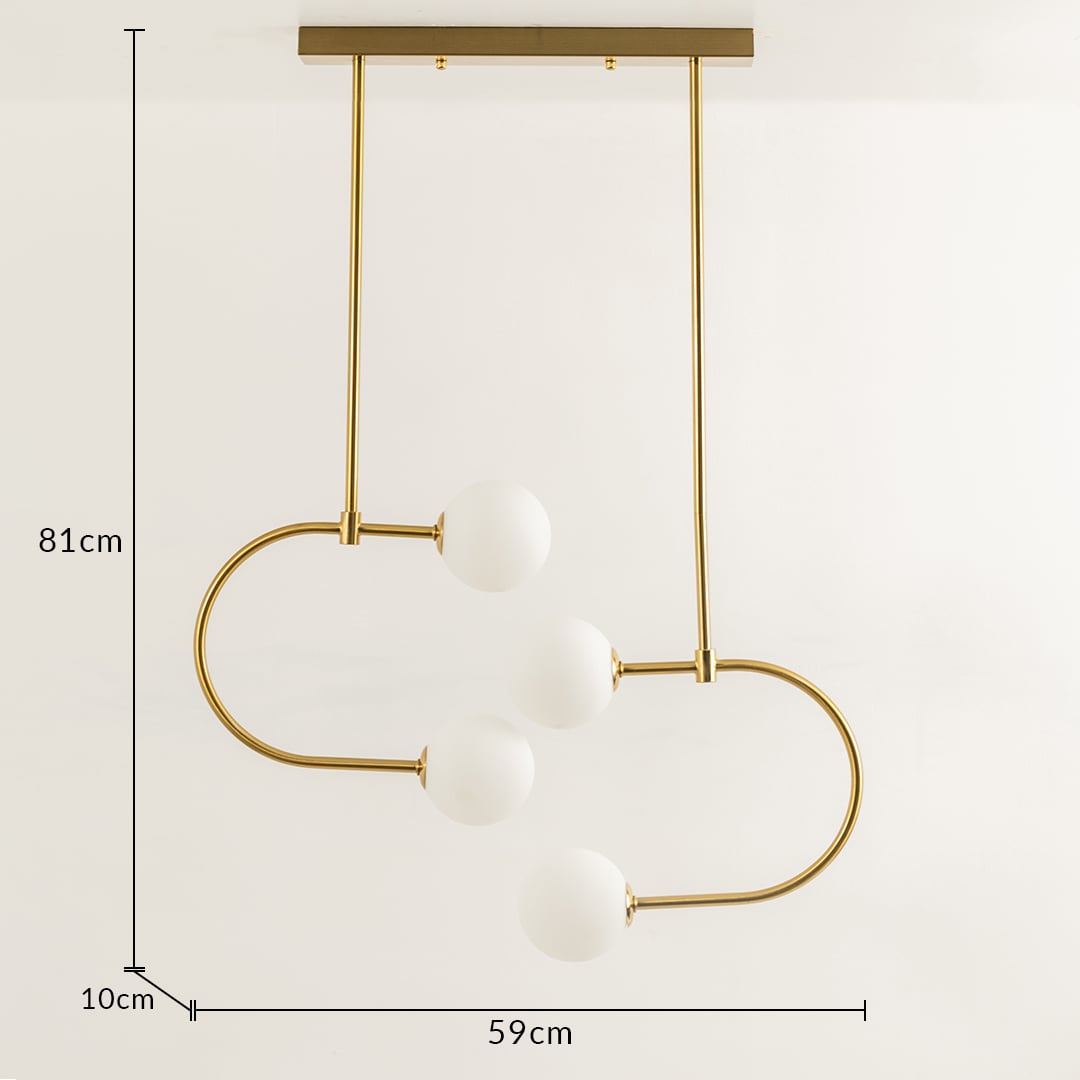 Chandelier shown with 81 cm height and 59 cm width featuring a curved metal frame and white globe lights ideal for modern interior home decor illumination.