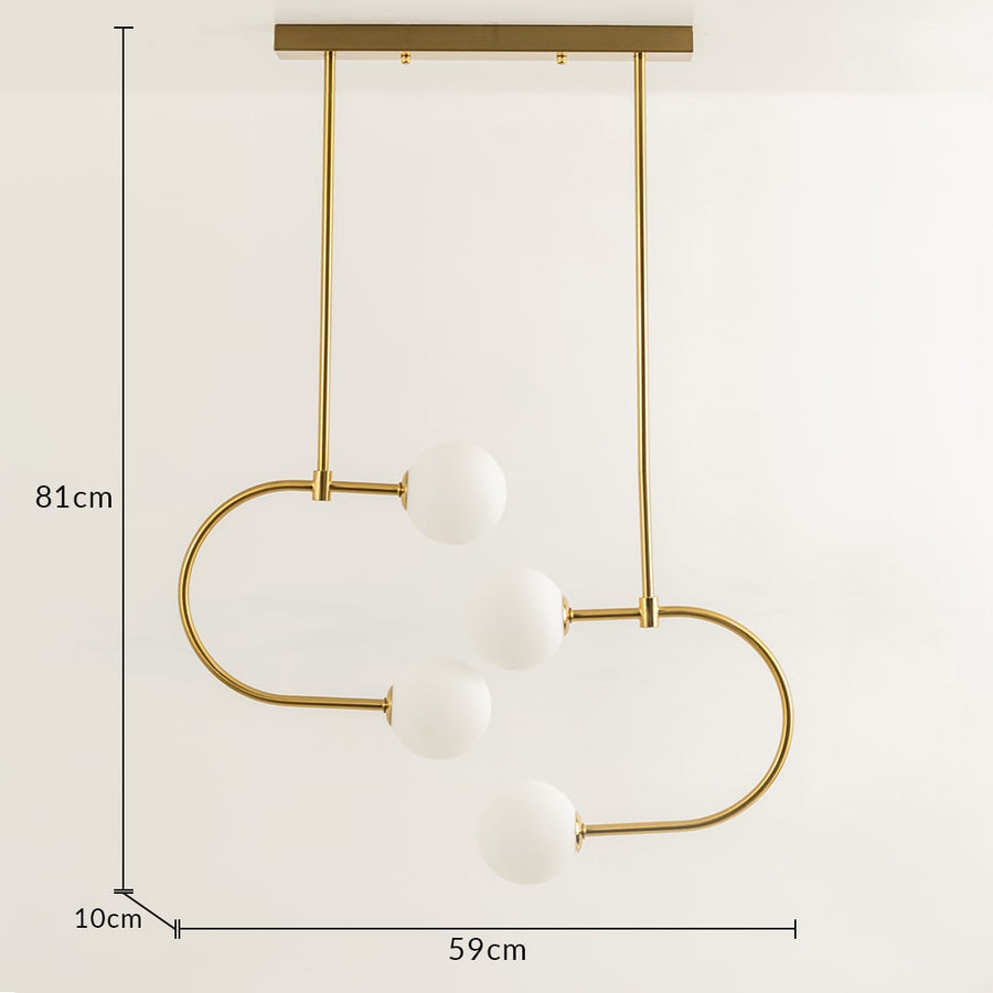 Chandelier shown with 81 cm height and 59 cm width featuring a curved metal frame and white globe lights ideal for modern interior home decor illumination.