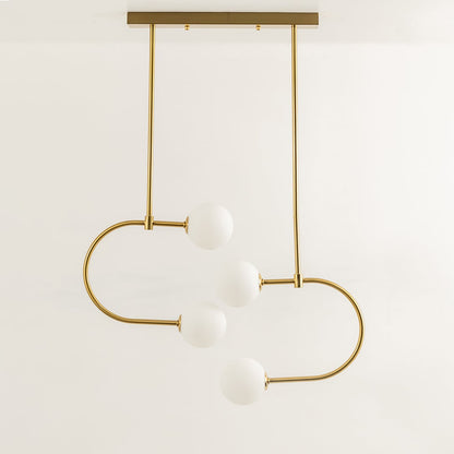 Curved metal chandelier with white globe shades shown switched off on a clean white background highlighting its modern sculptural design ideal for interior decor.