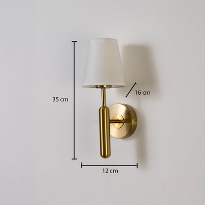 Gold metal wall light with white fabric shade shown with 35 cm height 12 cm width and 16 cm depth for accurate modern indoor wall placement.
