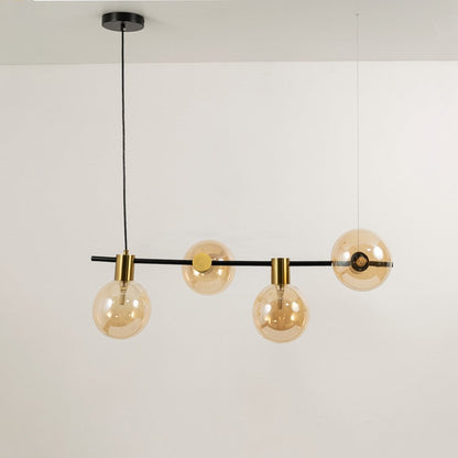 Amber glass chandelier displayed on white background with lights off showcasing geometric alignment and refined modern finish.