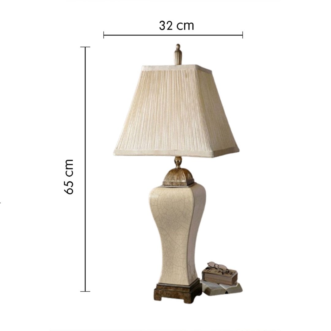 Pleated shade textured ceramic table lamp with size 63cm height and 32cm width on plain background for classic decorative home décor.
