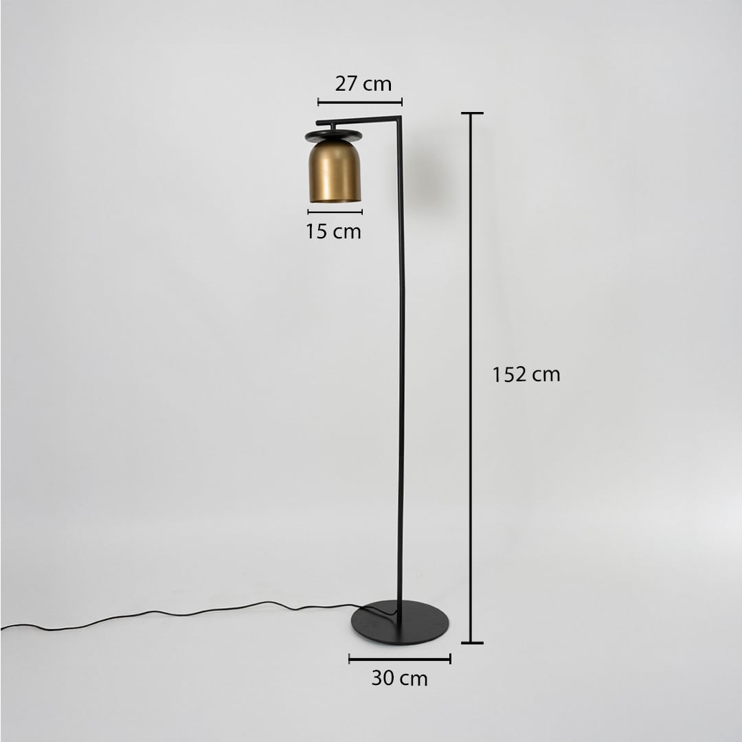 Black and gold floor lamp with 152 cm height 30 cm base and 27 cm wide head shown with full size measurements.