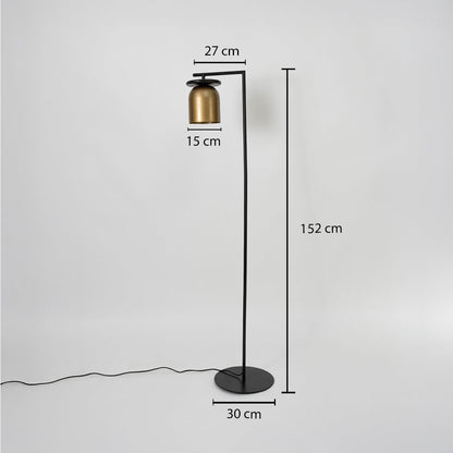 Black and gold floor lamp with 152 cm height 30 cm base and 27 cm wide head shown with full size measurements.